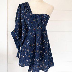 Teija Blue RARE Floral 1 Sleeve Blouse Tunic Top UK size 6 US 0 XS New NWT $378